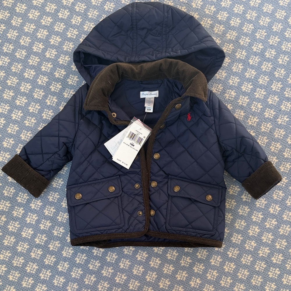 Ralph Lauren Quilted Jacket in Navy with Brown Trim NWT